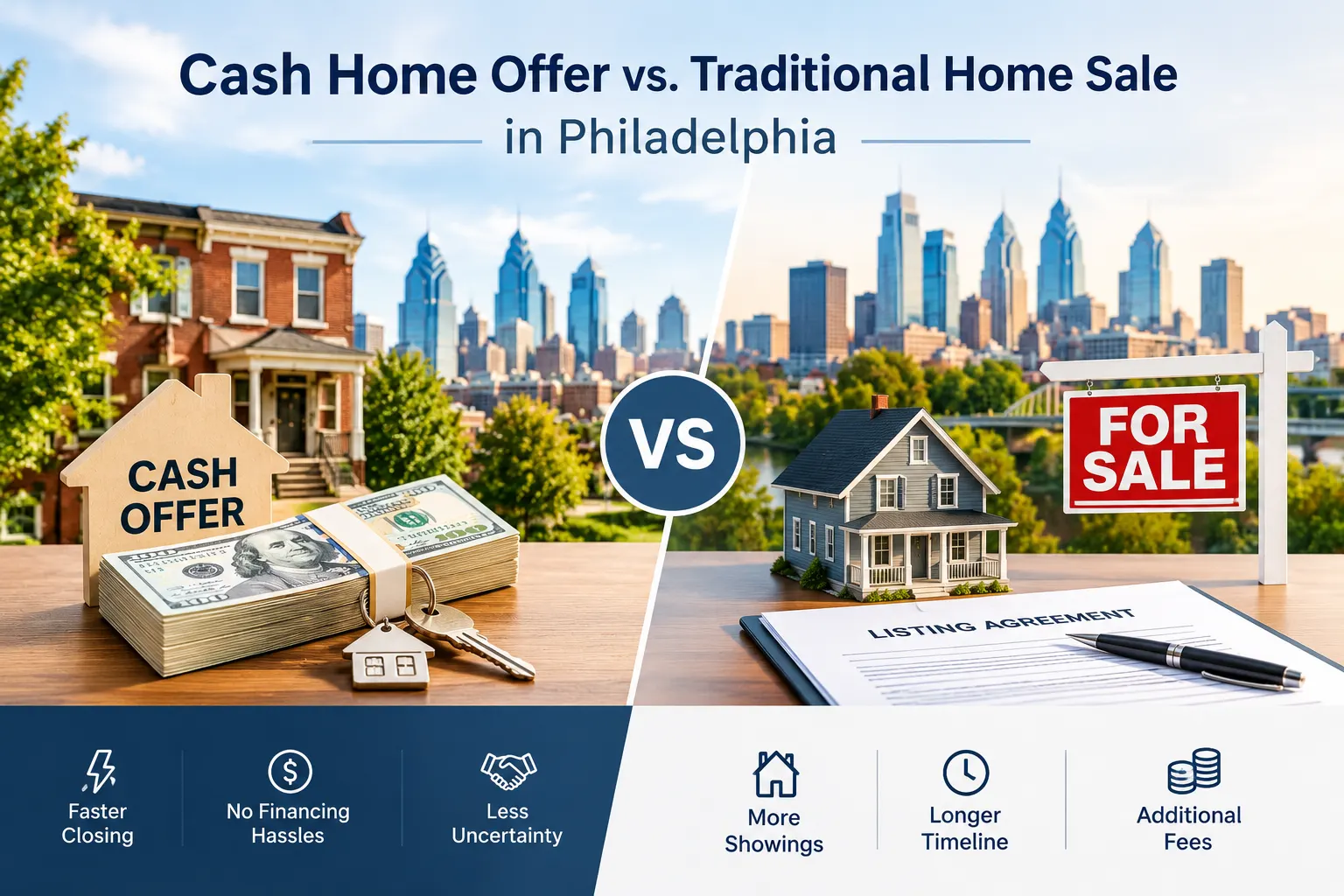 Cash home offer vs. traditional home sale in Philadelphia, comparing faster closing and fewer financing hassles with the longer timeline and additional fees of a traditional sale.