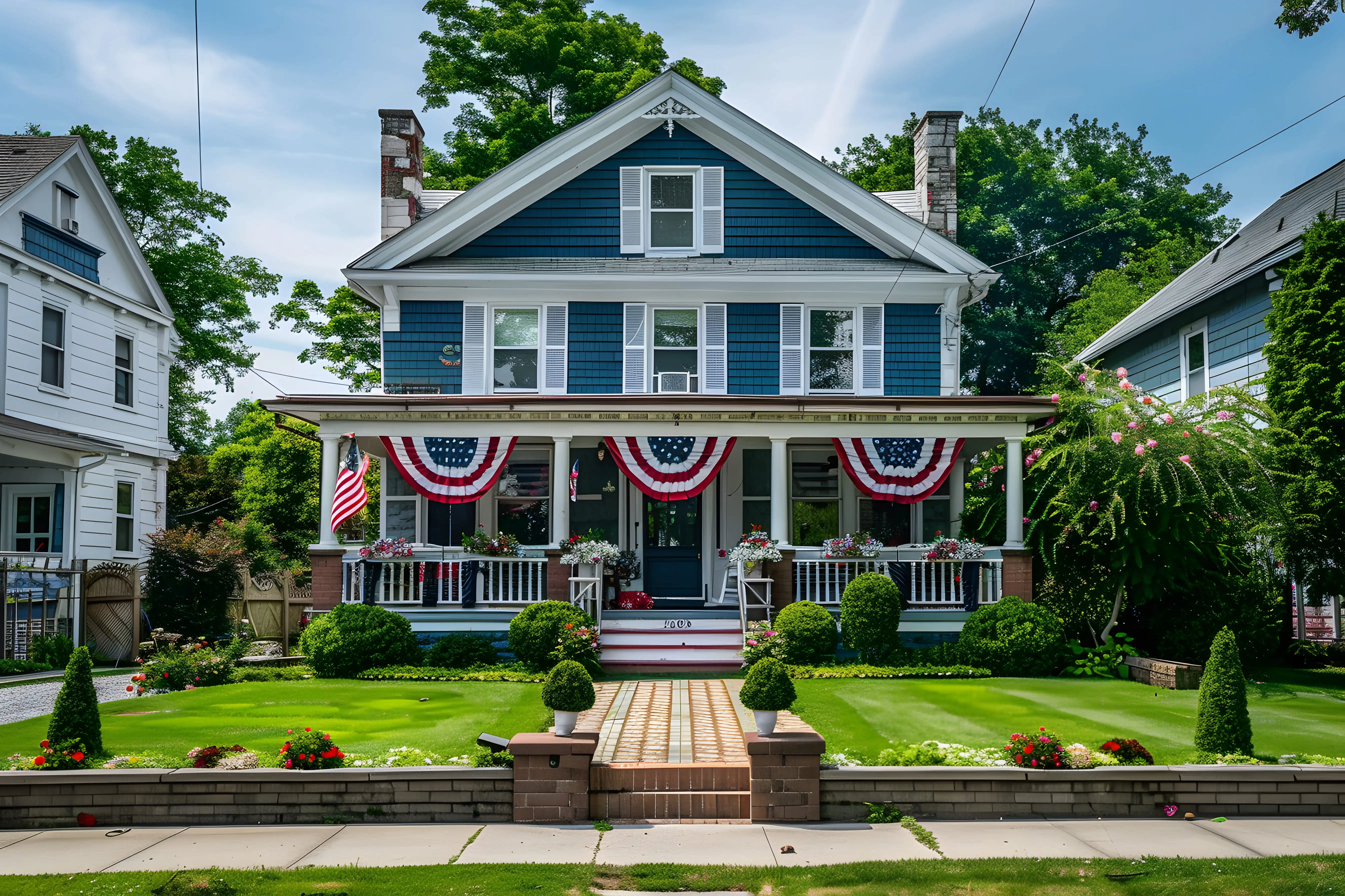 A blue two-story house with white trim, a covered front porch decorated with American flags and bunting, and a beautifully landscaped front yard with green lawns, flower beds, and a brick walkway.