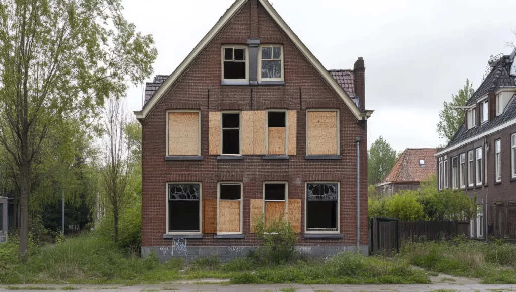 Boarded up brick multi family home in chicago