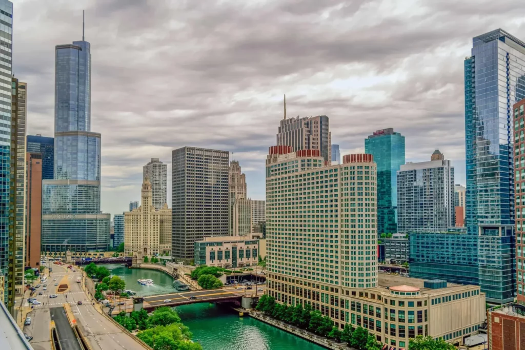 Chicago River bridges with downtown buildings nearby
