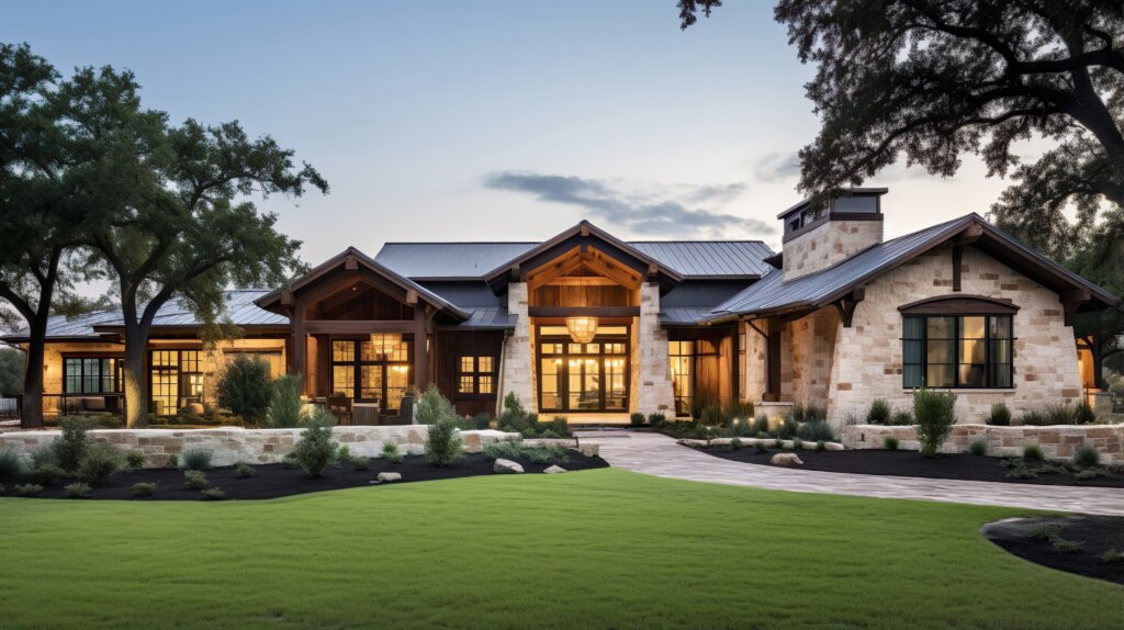 Luxury single-story home with a landscaped front lawn