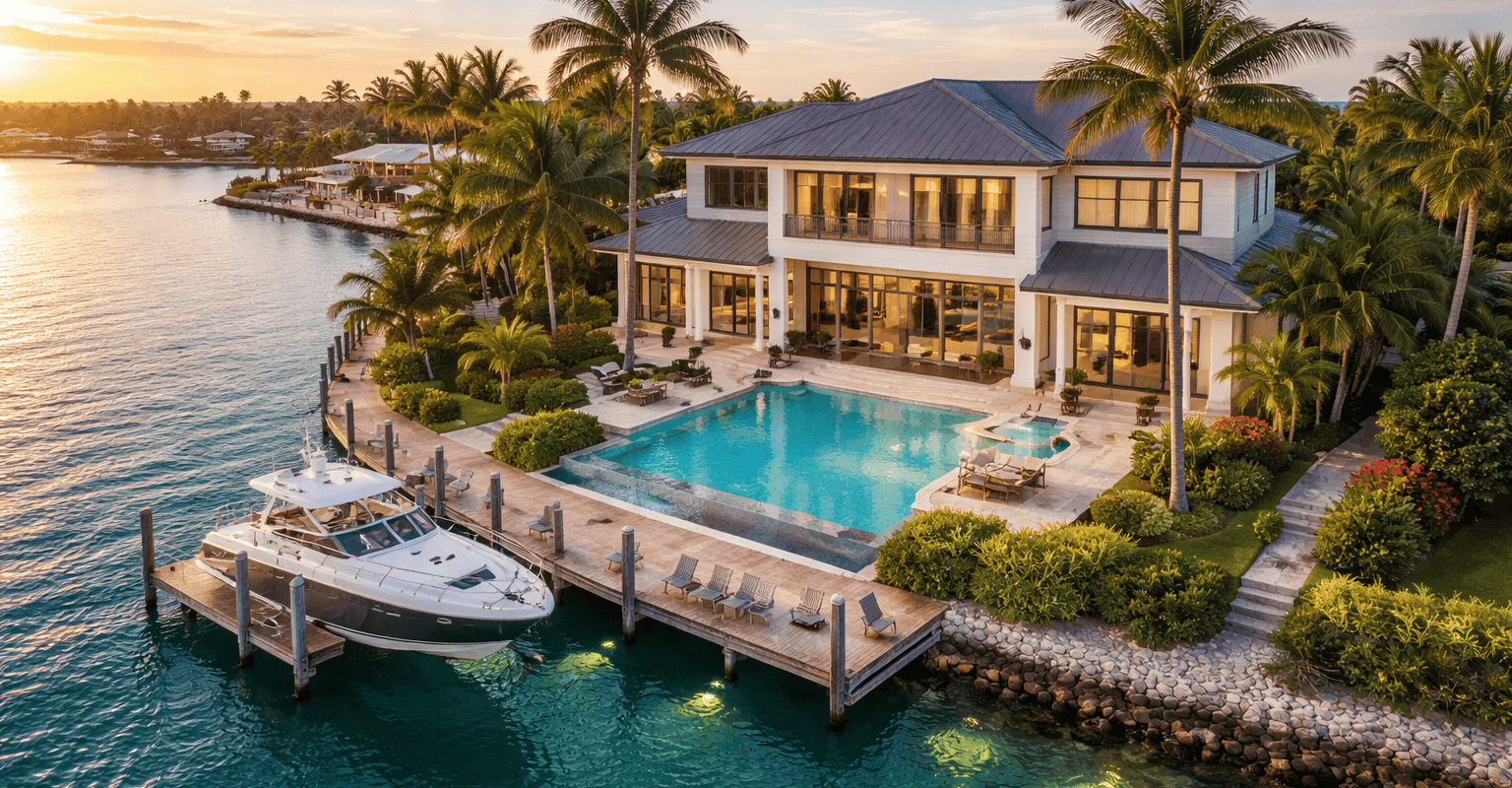 Luxury waterfront home with dock in Naples Florida at sunset