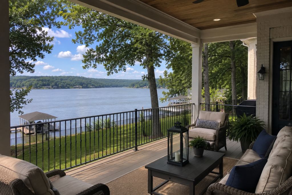 Covered outdoor living space with comfortable seating and panoramic Lake Guntersville waterfront views in Guntersville, AL.