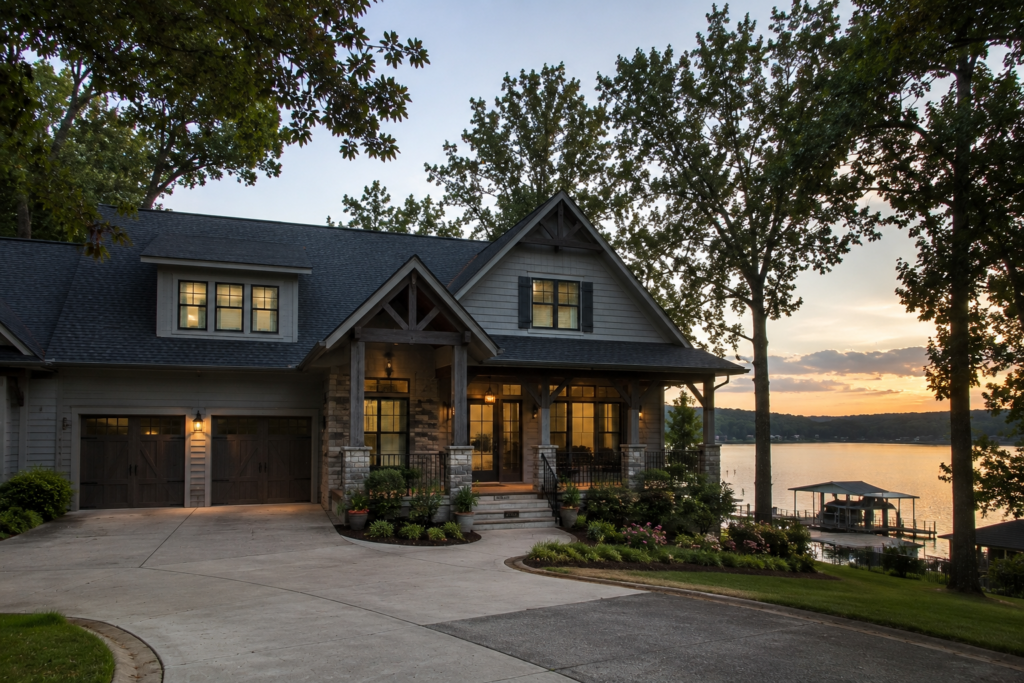 Luxury custom lakefront home with Craftsman architecture overlooking Lake Guntersville at sunset in Guntersville, AL.