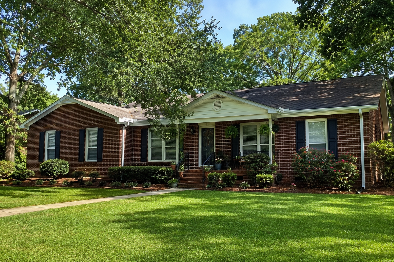 Classic full-brick ranch home with manicured landscaping and a covered front porch in Brownsboro, AL.