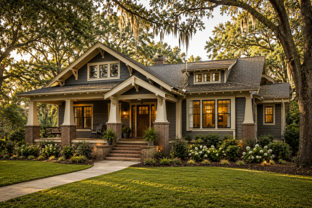 Luxury Craftsman custom home in Ardmore, AL with a spacious covered porch, brick foundation, premium landscaping, and classic Southern architectural design by a custom home builder.