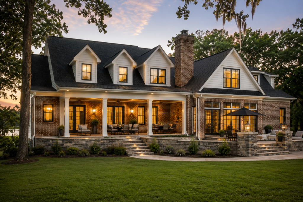 Luxury custom New Traditional and Cape Cod home in Southern Alabama with a beautifully designed rear elevation, expansive covered patio, full-brick construction, professionally landscaped backyard, and premium outdoor living space built for Southern living.
