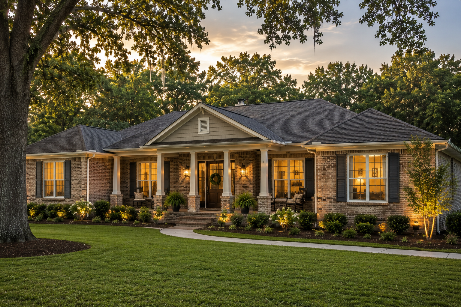 Custom-built single-story brick ranch home in Southern Alabama featuring traditional full-brick construction, a covered front porch with white columns, black shutters, manicured landscaping, and mature shade trees, showcasing timeless craftsmanship and luxury residential design.