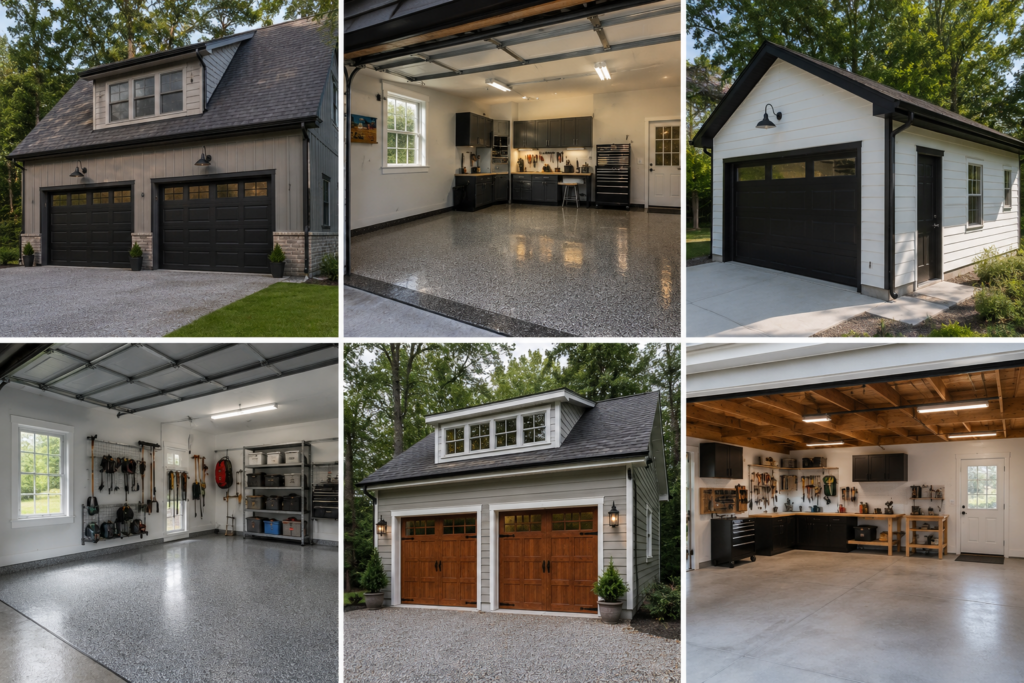 Custom garage in different interior styles by Redstone Ridge Homes in Huntsville, Alabama