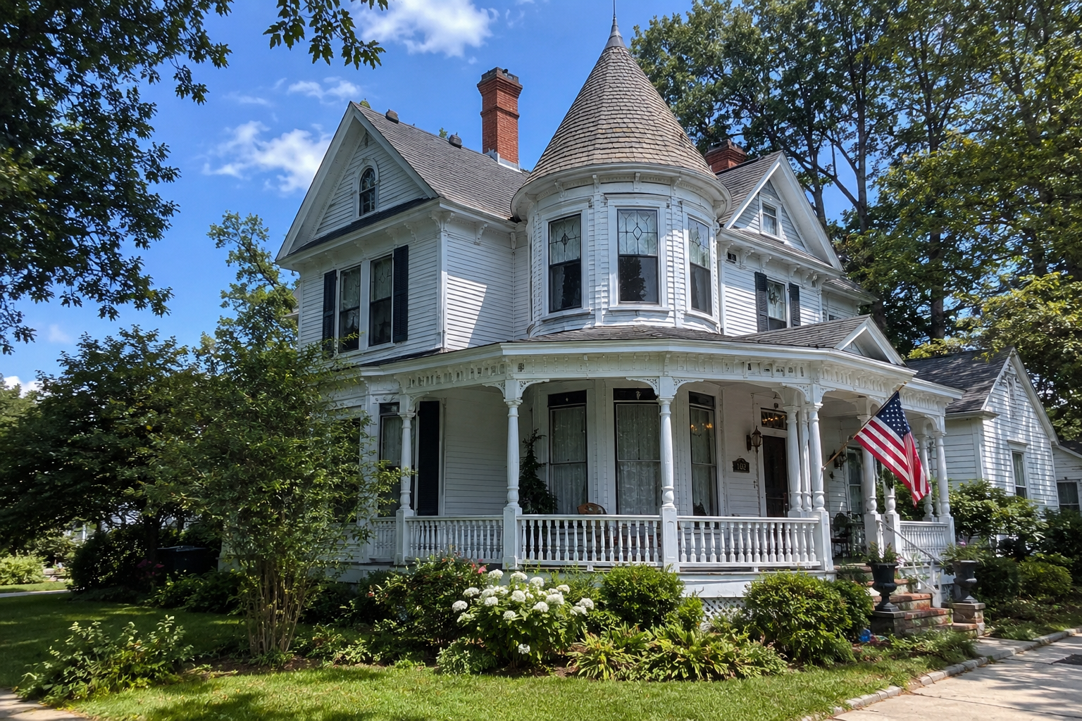 Historic Victorian home with a wraparound porch, turret, and ornate architectural details in a Southern Alabama neighborhood.