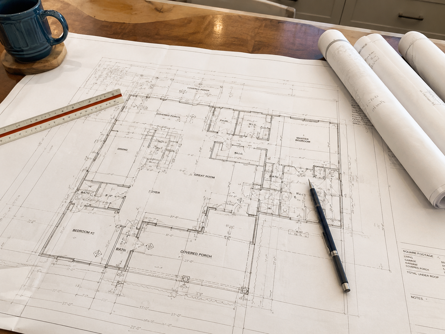 Custom residential house floor plan blueprint laid out on a desk with an architect's scale ruler and a technical drawing pencil.