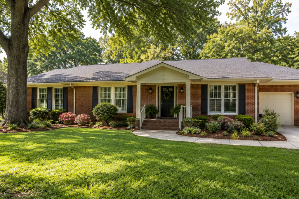 Traditional brick ranch house in Southern Alabama featuring a covered front porch, black shutters, mature shade trees, and professionally landscaped front yard.