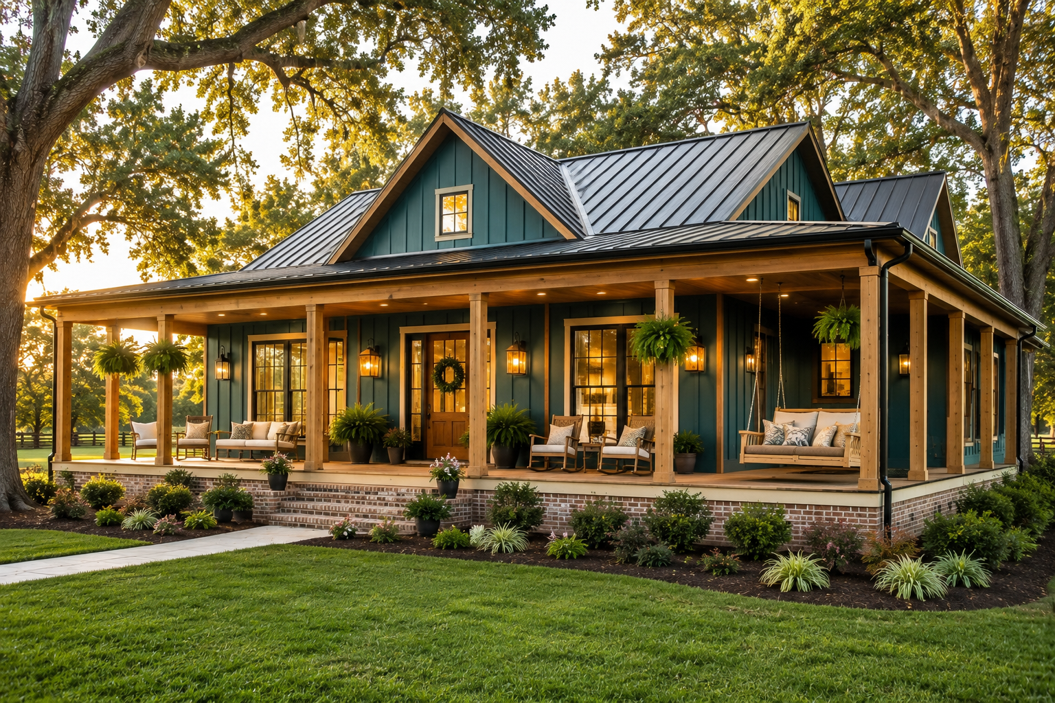 Custom modern farmhouse in Southern Alabama with a teal exterior, wraparound front porch, cedar accents, black standing seam metal roof, and lush landscaping.