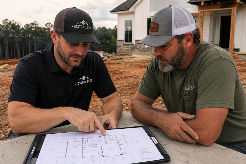 Design build contractor discussing drafted floor for custom home in Huntsville, Alabama