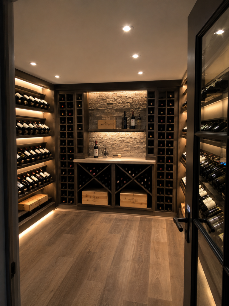 Newly built wine cellar in Athens, AL by Redstone RIdge featuring dark oakwood wine shelves and white brick wall feature wall