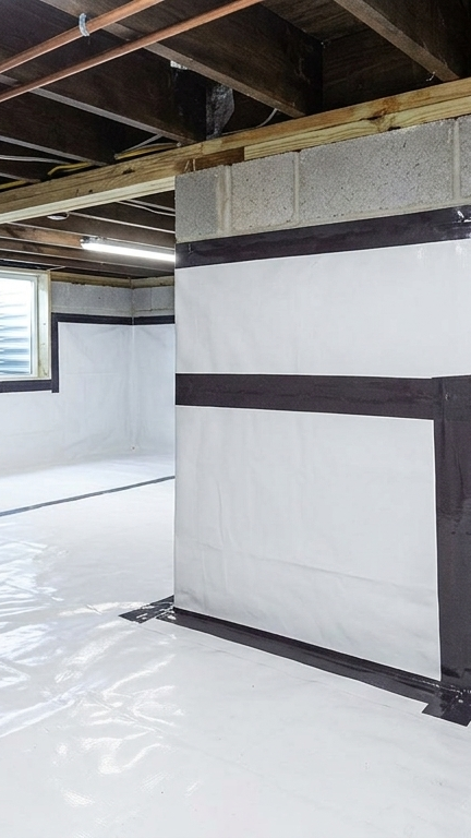 Crawl space encapsulation services showing sealed white vapor barrier walls and moisture control dehumidifier