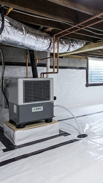 Professional crawl space encapsulation with dehumidifier and vapor barrier installation by Redstone Ridge Homes