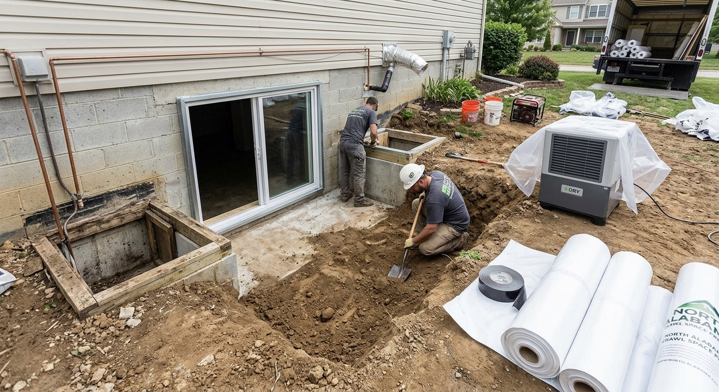 Contractors excavating and preparing crawl space for encapsulation with vapor barrier and moisture control system