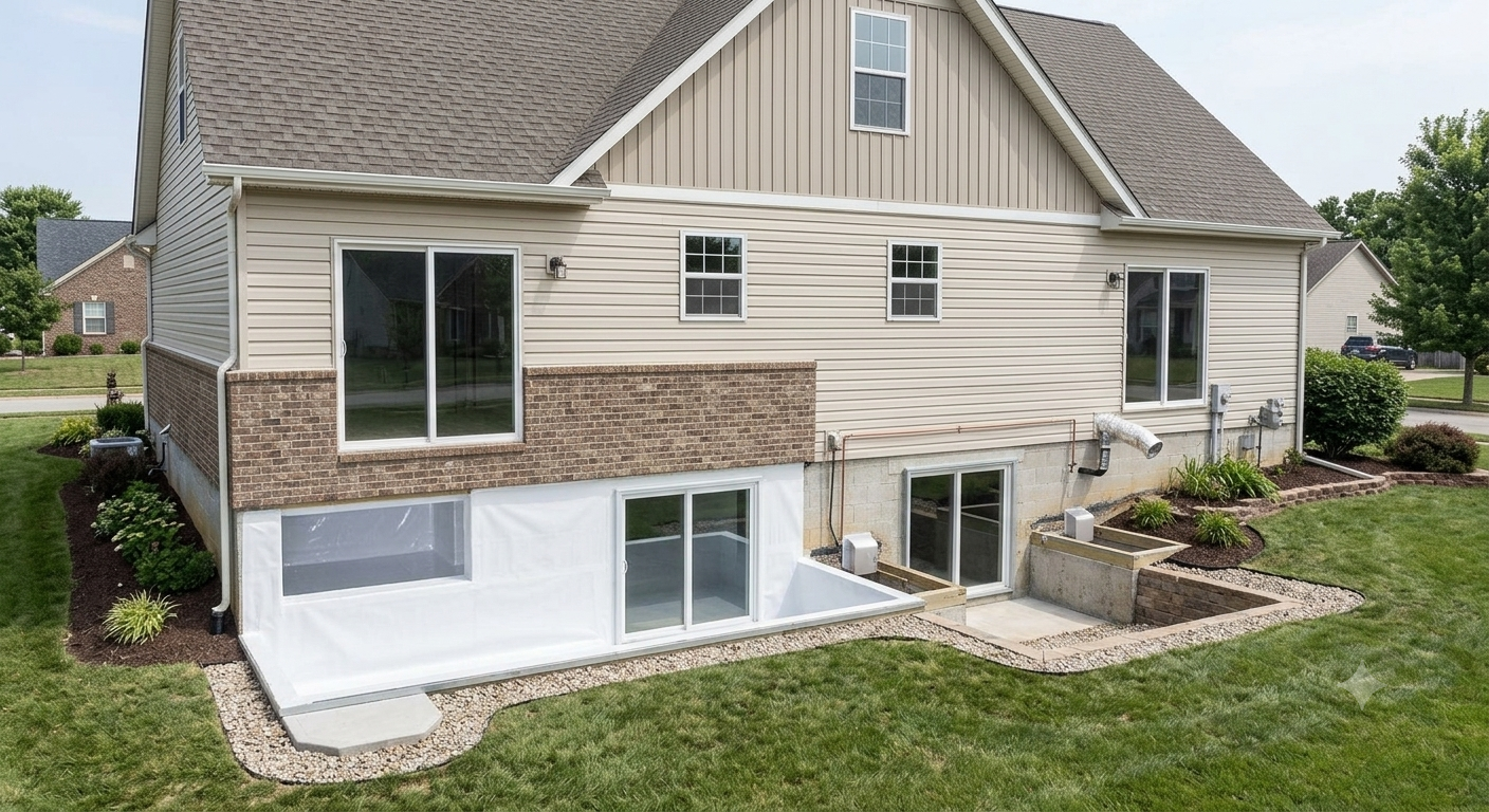Two-story home exterior showing completed crawl space encapsulation with white vapor barrier and window well drainage in Huntsville, AL