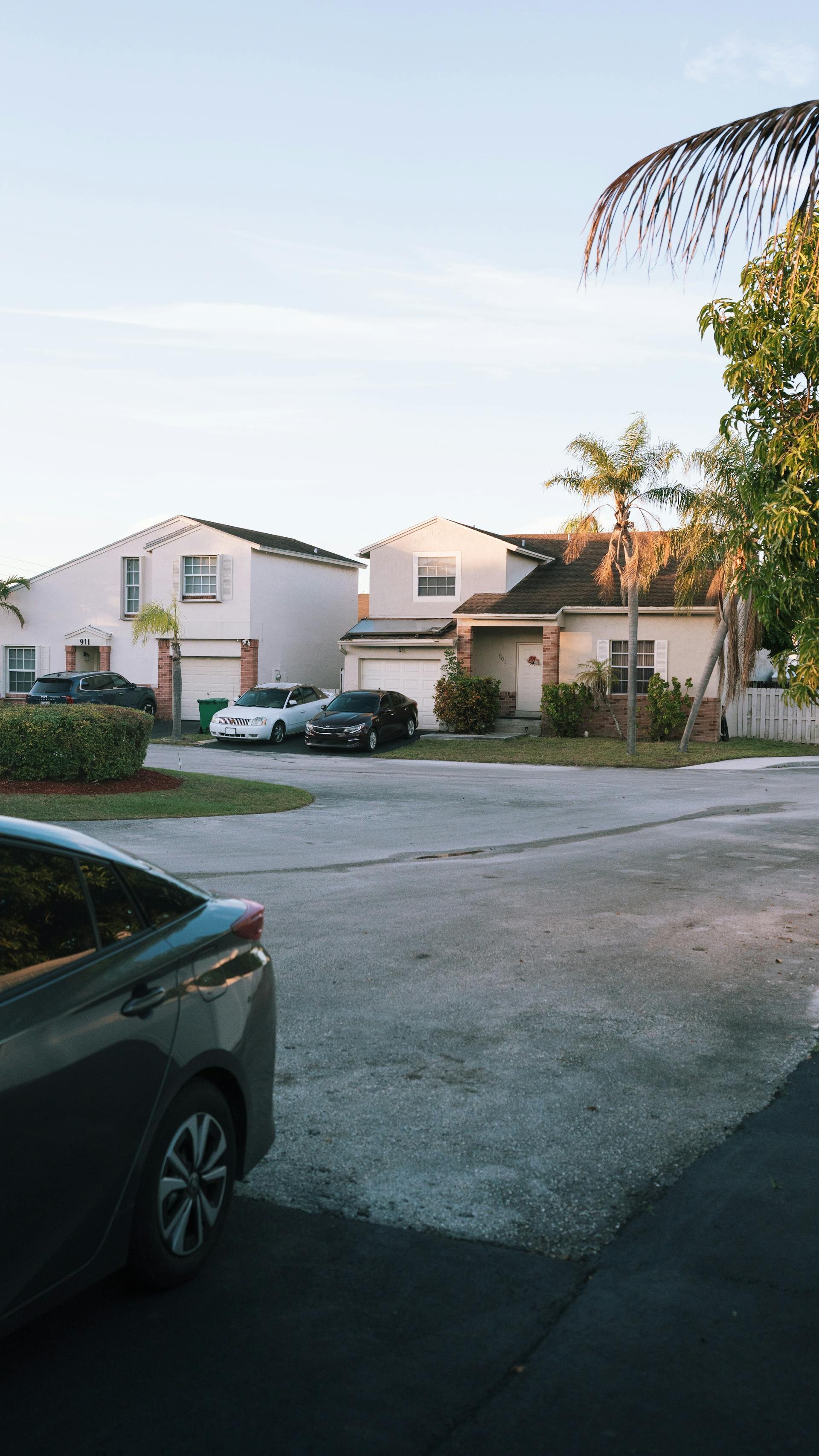 Florida suburban neighborhood with palm trees at sunset