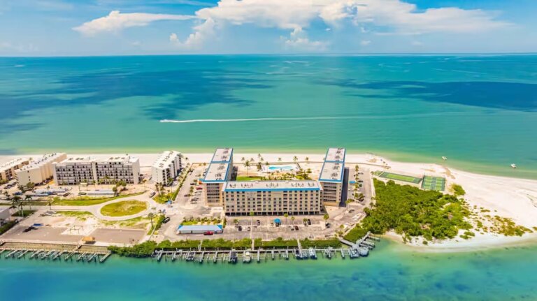 Aerial view of the beachfront community on the Gulf