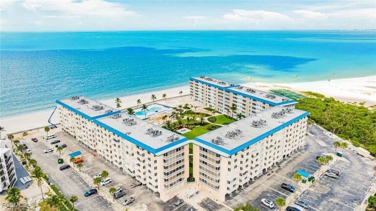 Aerial view of Bonita Beach Club buildings and the beach