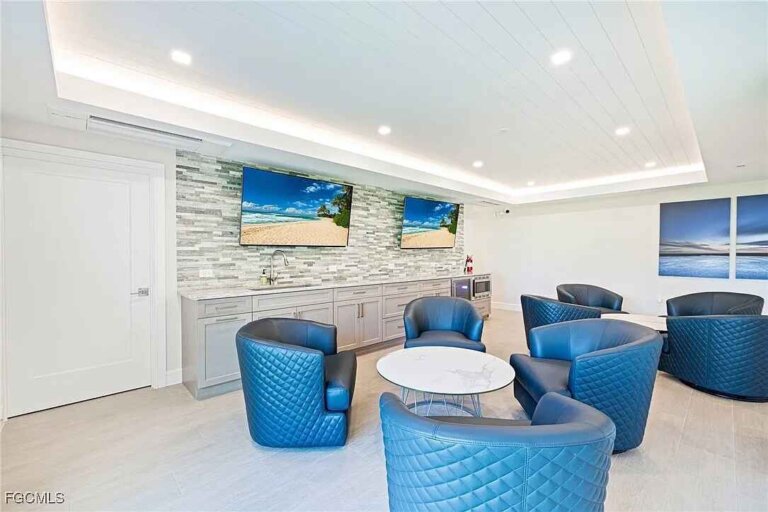 Clubhouse lounge with blue swivel chairs