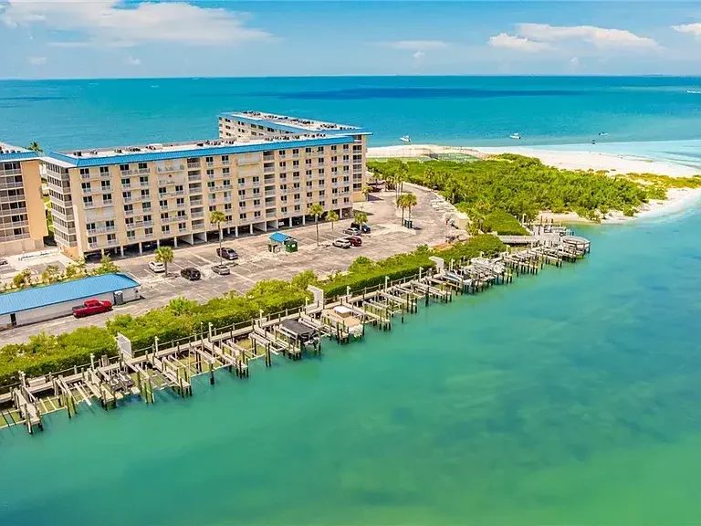 Aerial view of the community boat docks on the bay