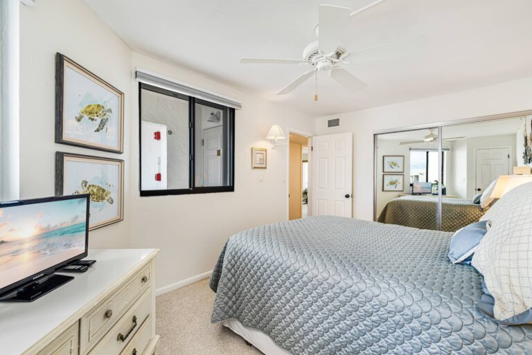 Guest bedroom with a queen bed and a TV on the dresser