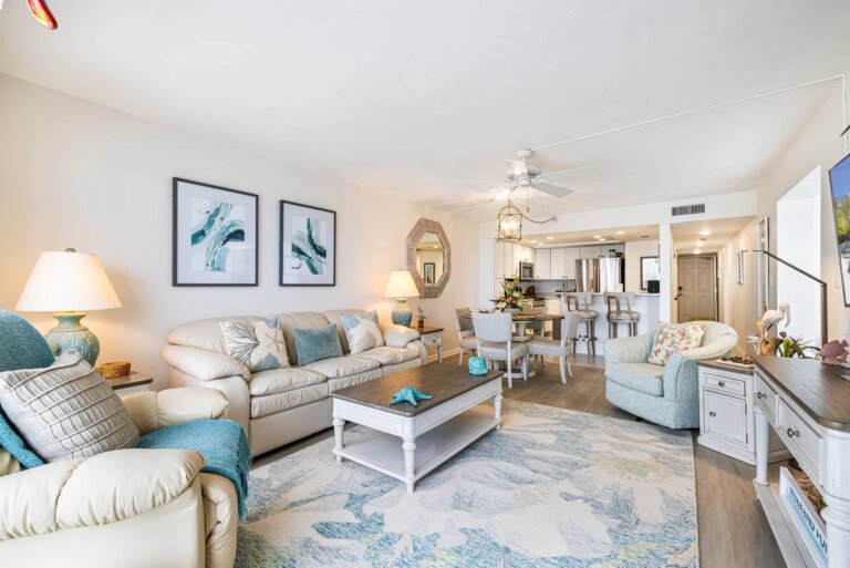 Open living and dining area in the two-bedroom condo