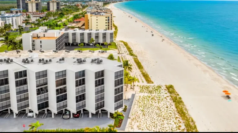 Aerial view of Seascape condominiums on Bonita Beach beside the Gulf shoreline