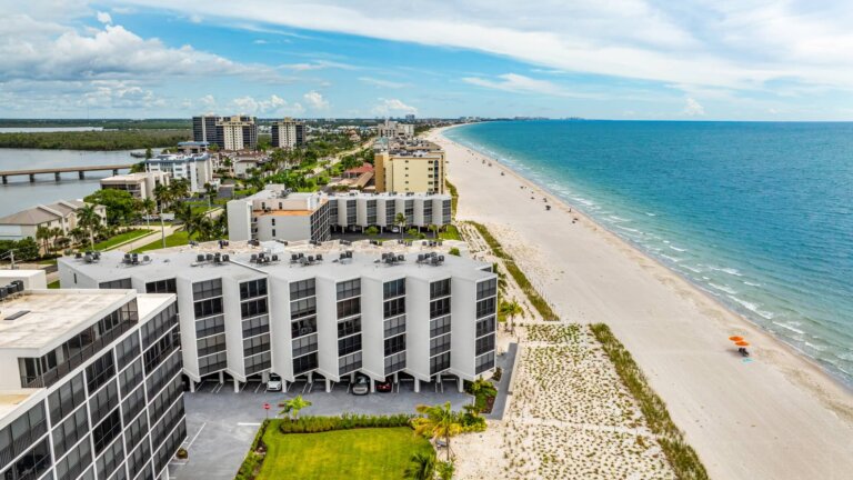 Aerial view of the beachfront community and Gulf coastline in Bonita Springs