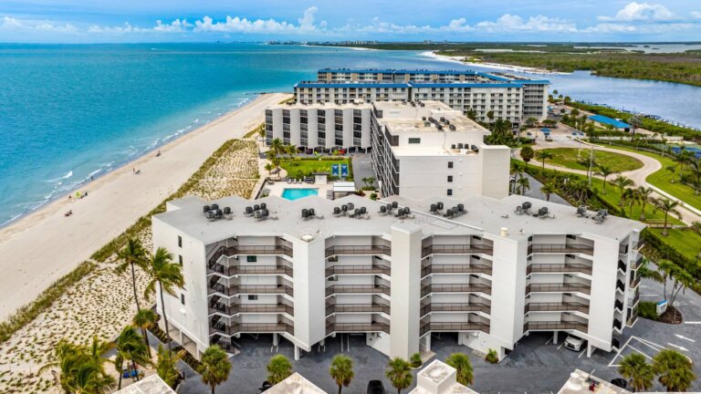 Aerial view of the Seascape community between the Gulf and the bay in Bonita Springs