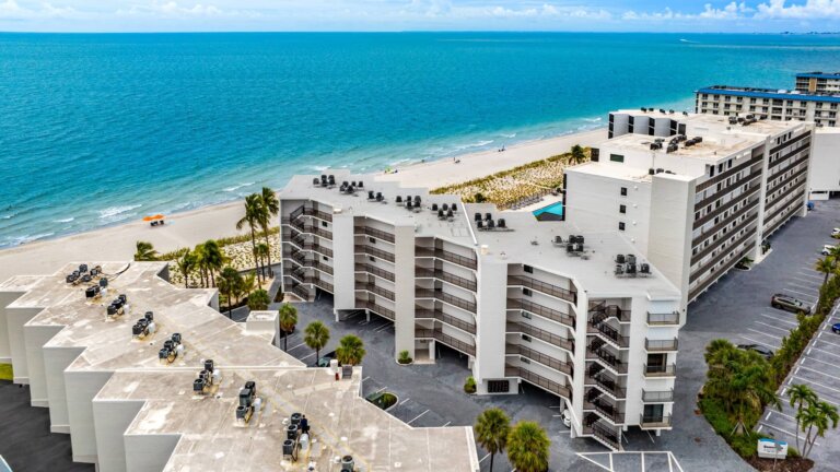 Aerial view of the Gulf-front condominium buildings and beach
