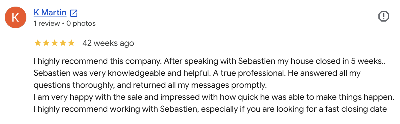 Five-star Google review from K Martin, whose house closed in five weeks with prompt, knowledgeable communication