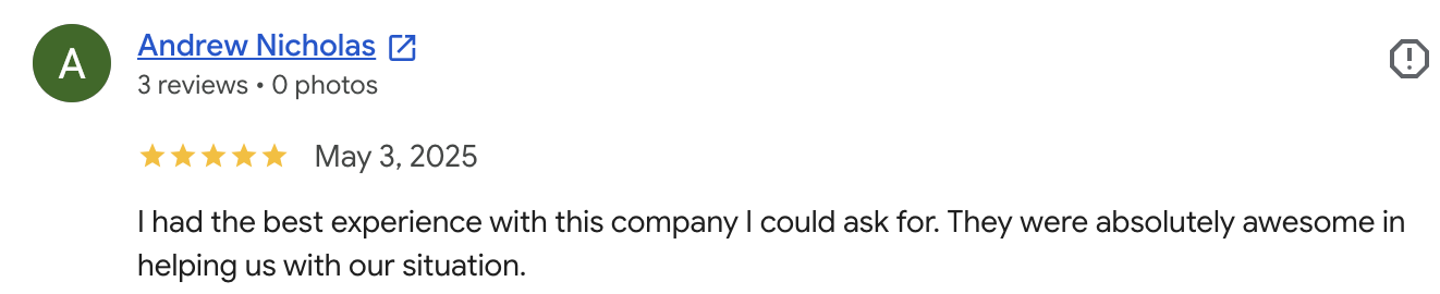 Five-star Google review from Andrew Nicholas, who called it the best experience he could have asked for