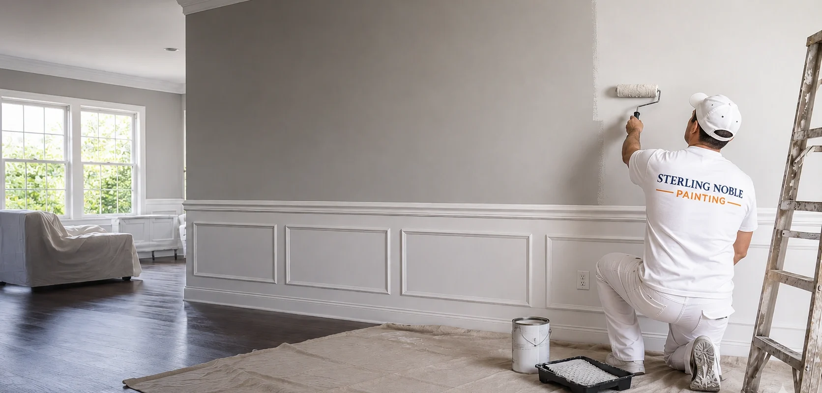 Professional painter applying interior wall paint for Sterling Noble Painting