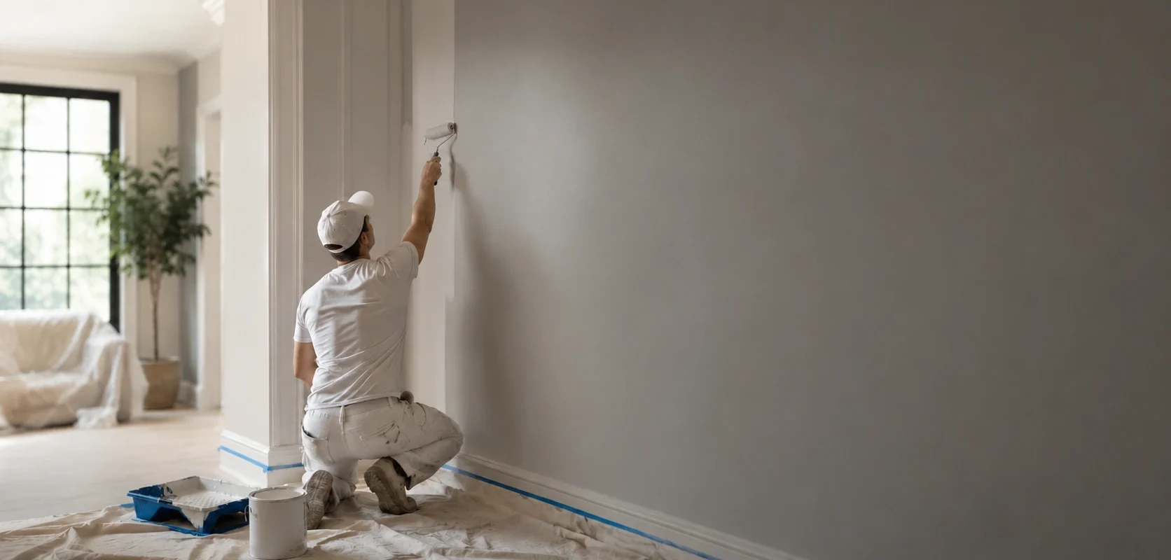 A professional painter working on an interior wall with drop cloths, painter’s tape, and painting supplies, representing Sterling Noble Painting’s residential and commercial painting services across Salem, Portland, and surrounding Oregon areas.