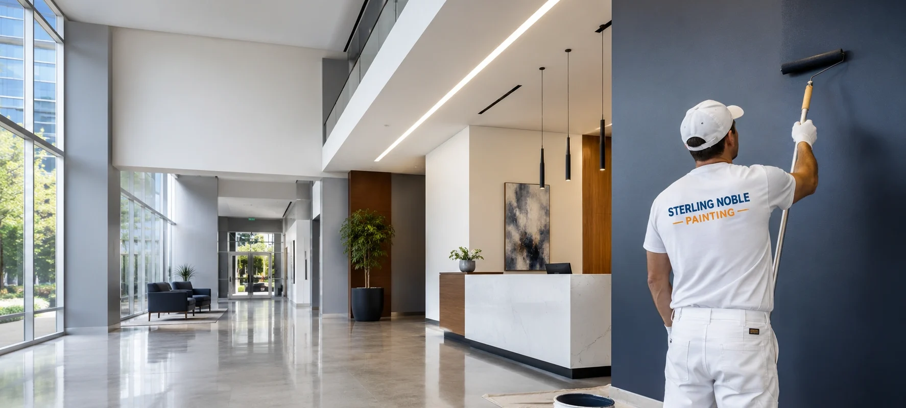 Professional commercial painter working in a modern office building lobby