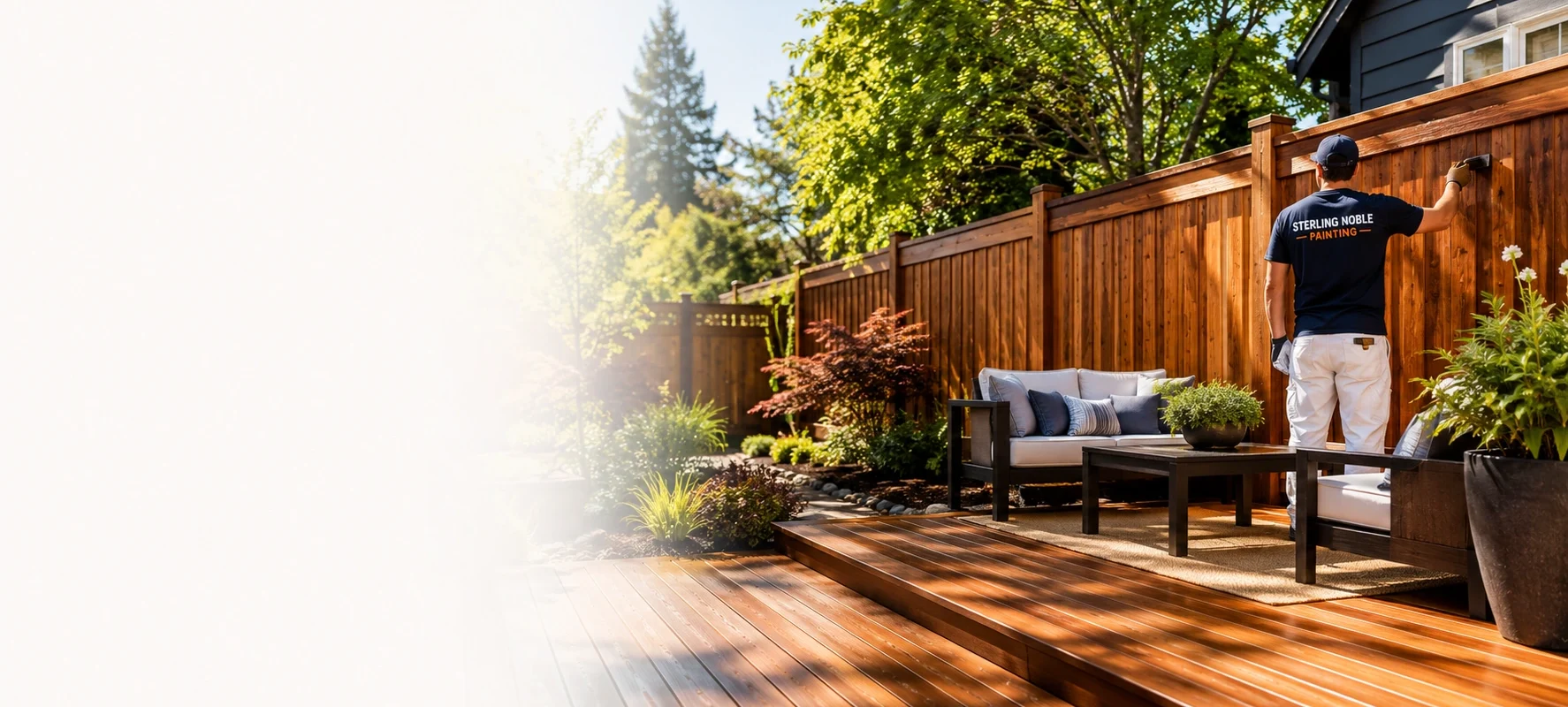 Professional deck and fence staining service on a backyard outdoor living space