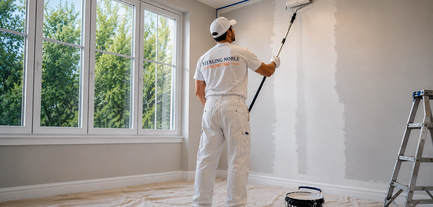 Professional painter from Sterling Noble Painting applying interior wall paint in a modern home