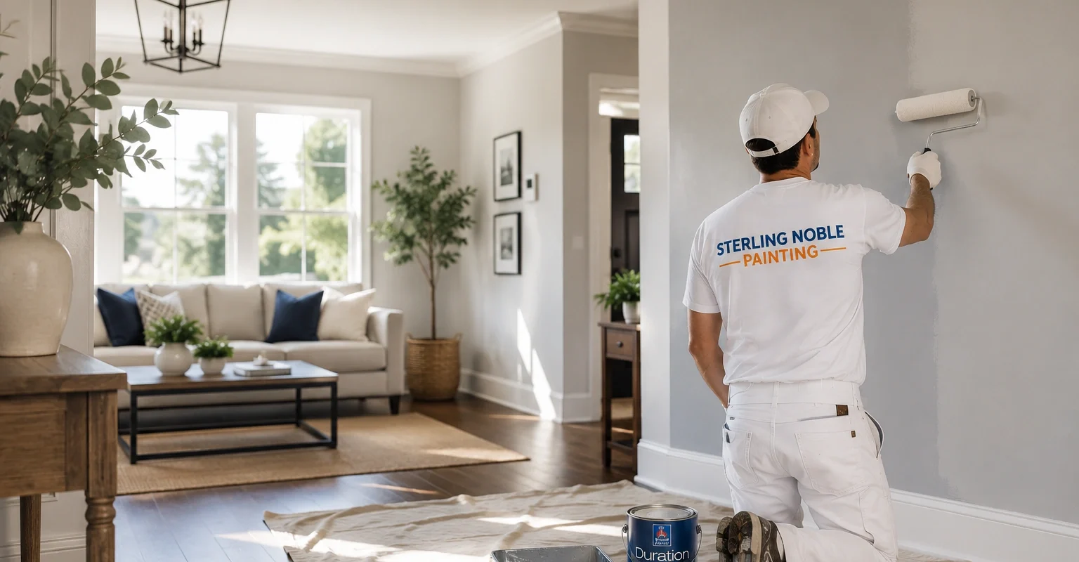 Professional residential painter applying interior paint in a modern Oregon home
