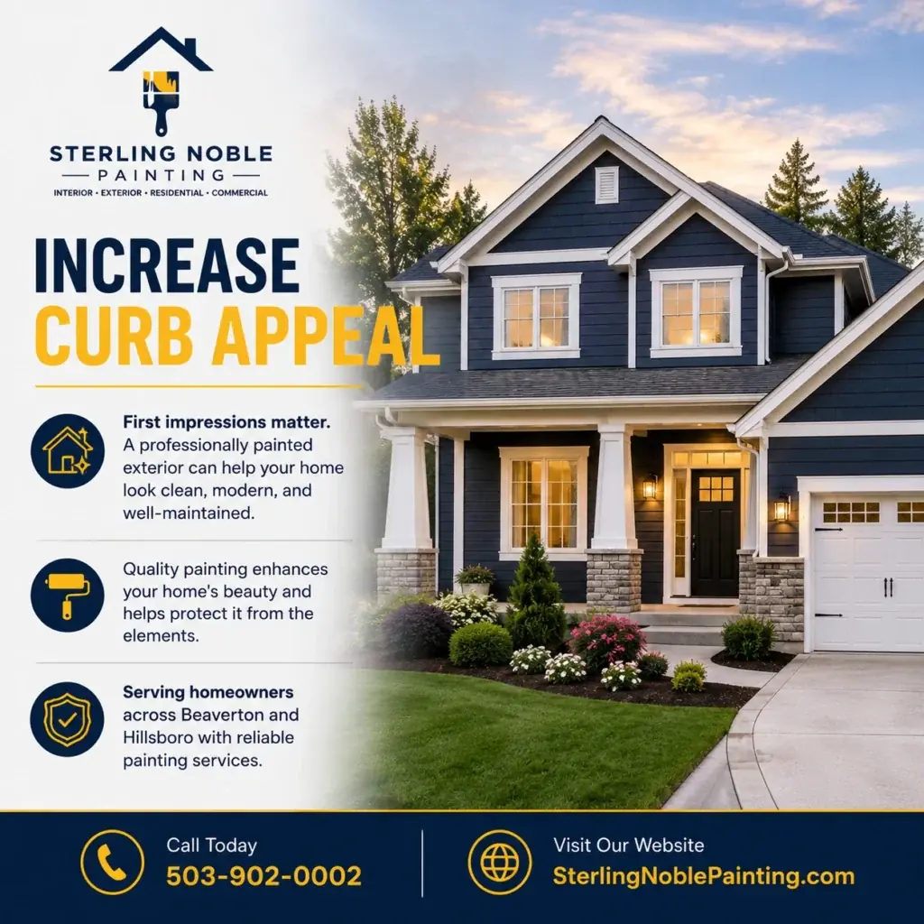 Boost curb appeal graphic for Sterling Noble Painting featuring a professionally painted home exterior and painting services in Beaverton and Hillsboro.