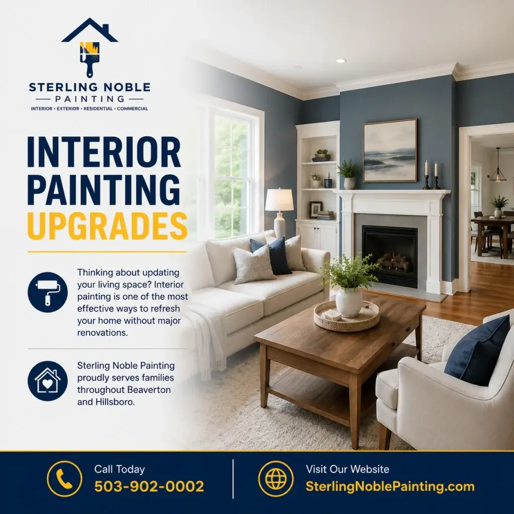 Interior painting upgrades graphic for Sterling Noble Painting featuring a freshly painted living room and professional painting services in Beaverton and Hillsboro.