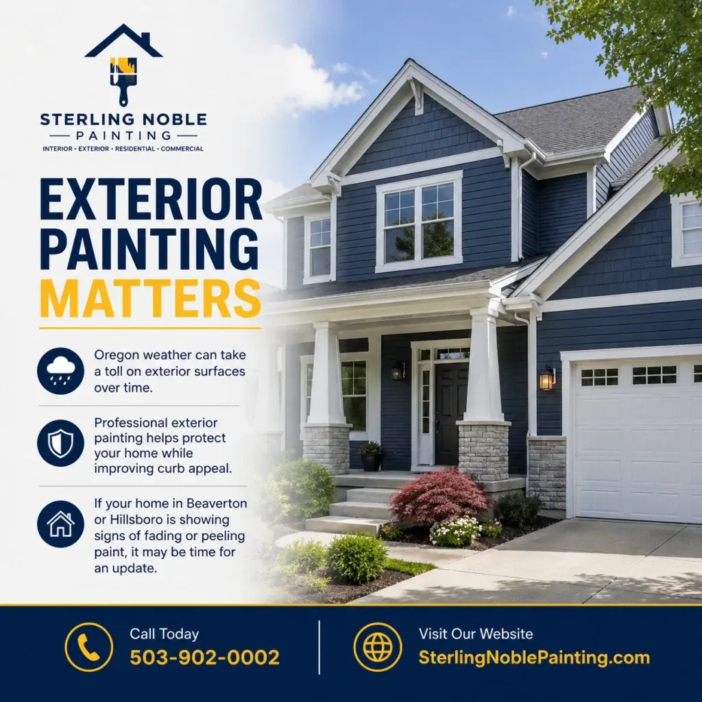 Exterior painting matters graphic for Sterling Noble Painting featuring a professionally painted home exterior and painting services in Beaverton and Hillsboro.