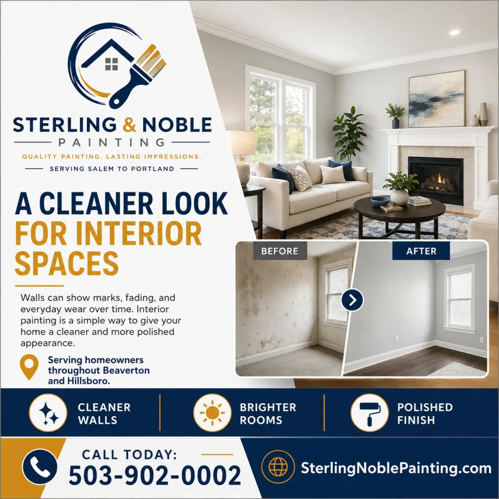 A cleaner look for interior spaces graphic for Sterling Noble Painting featuring a refreshed living room and before-and-after interior painting example.