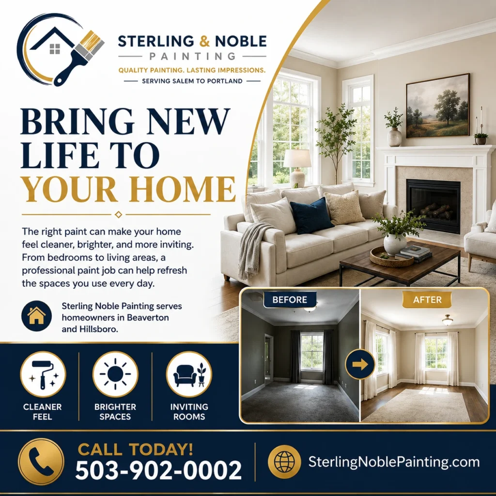 Bring new life to your home graphic for Sterling Noble Painting featuring a refreshed living room, interior painting benefits, and before-and-after room examples.