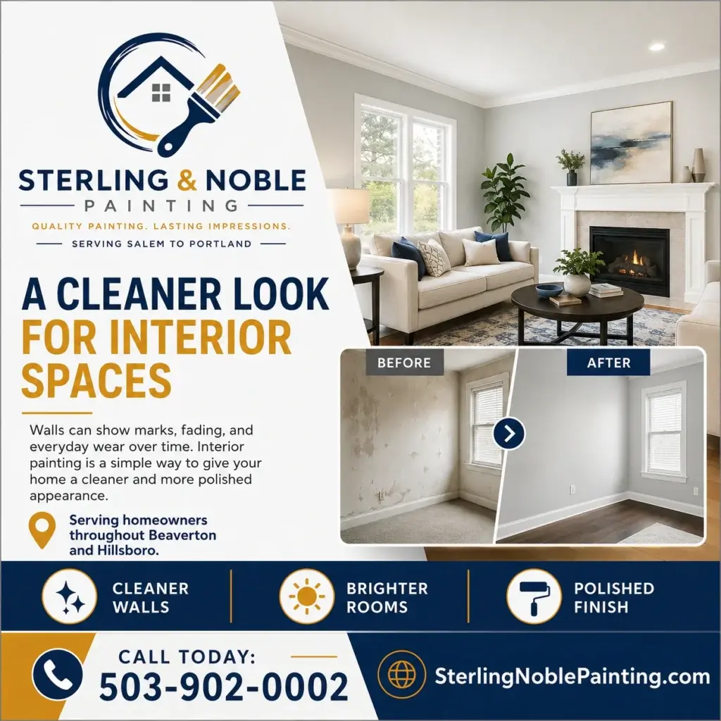 A cleaner look for interior spaces graphic for Sterling Noble Painting featuring a refreshed living room and before-and-after interior painting example.