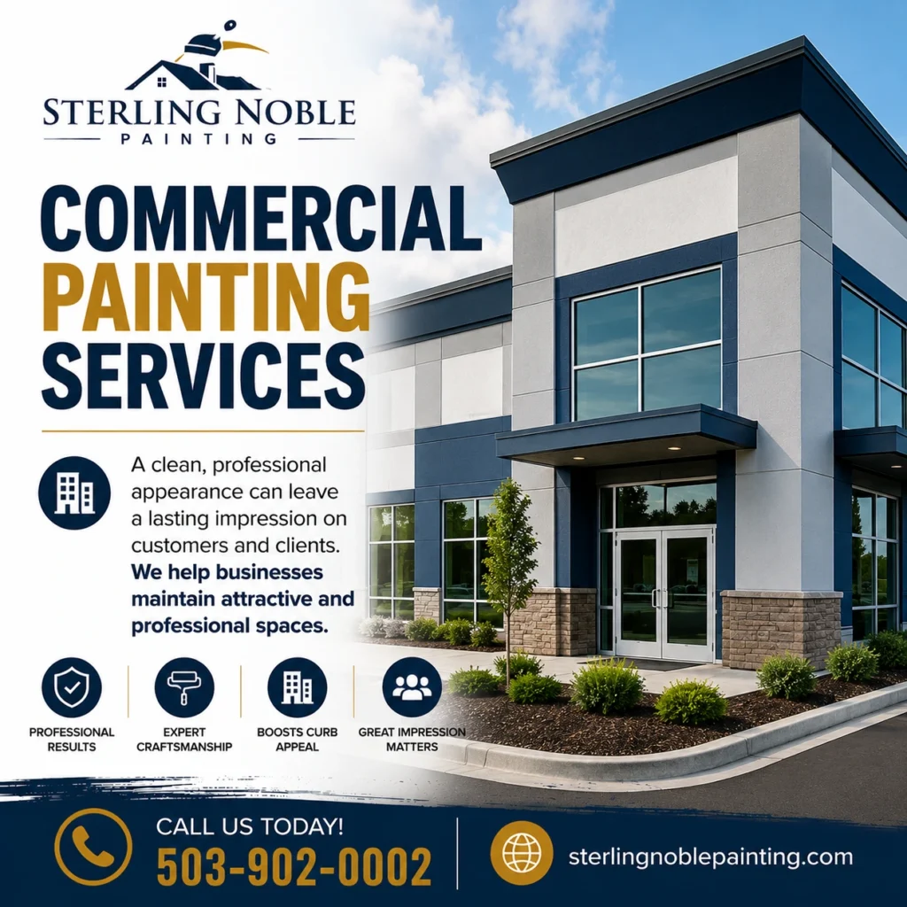 Commercial painting services graphic for Sterling Noble Painting featuring a modern commercial building and professional painting service benefits.