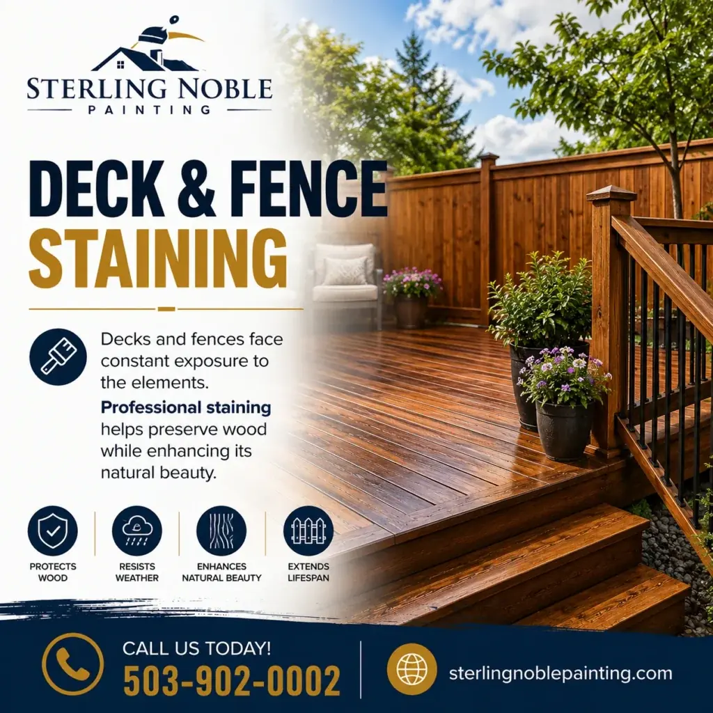 Deck and fence staining graphic for Sterling Noble Painting featuring a stained wooden deck, fence, and outdoor painting service benefits.